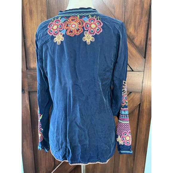 Johnny Was Small Biya Katie Blue Night Embroidered Floral Tunic BlousE - Picture 4 of 9